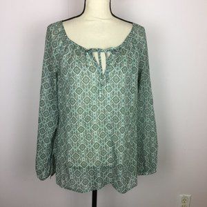 Ann Taylor Loft Peasant Blouse Top Size 10 Womans White Blue Sheer Long Sleeve
